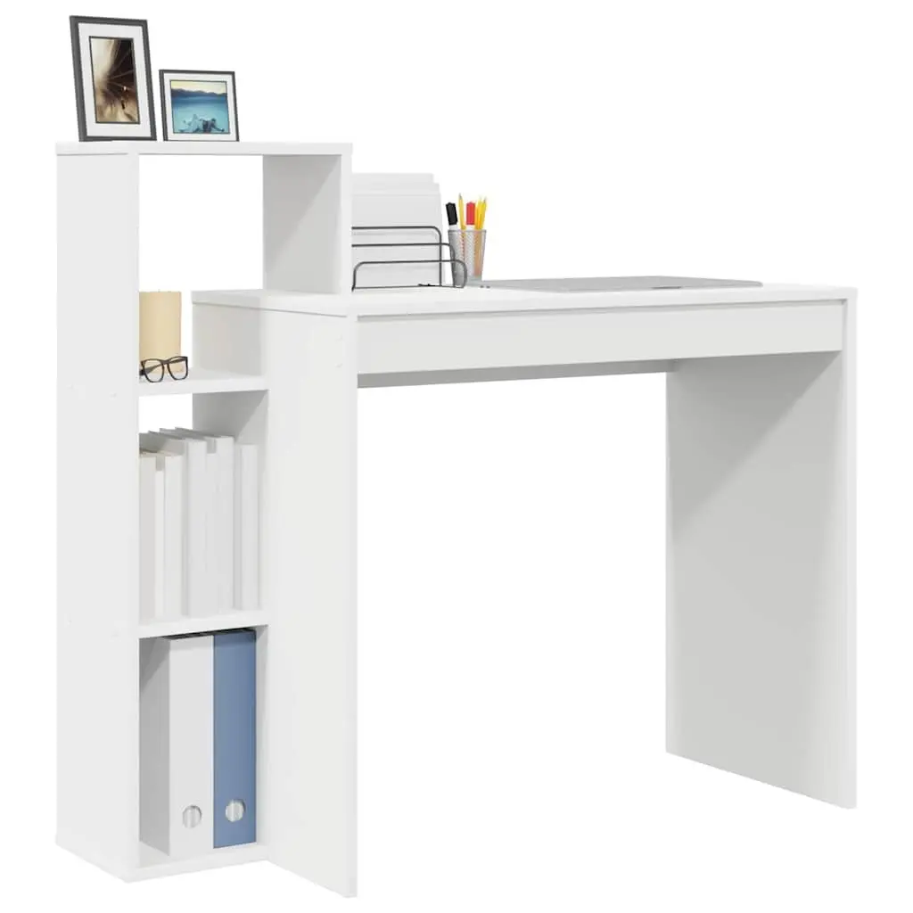 White Desk with Integrated Shelf for Office Use