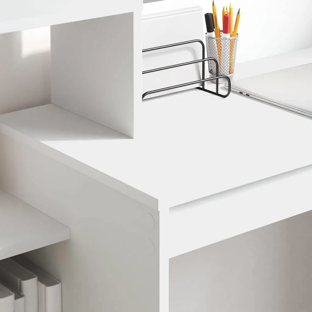 White Desk with Integrated Shelf for Office Use