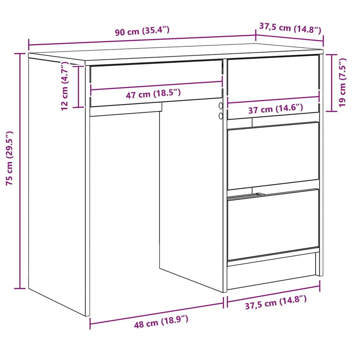 White Computer Desk with Drawer Storage 90 x 37.5 x 75 cm