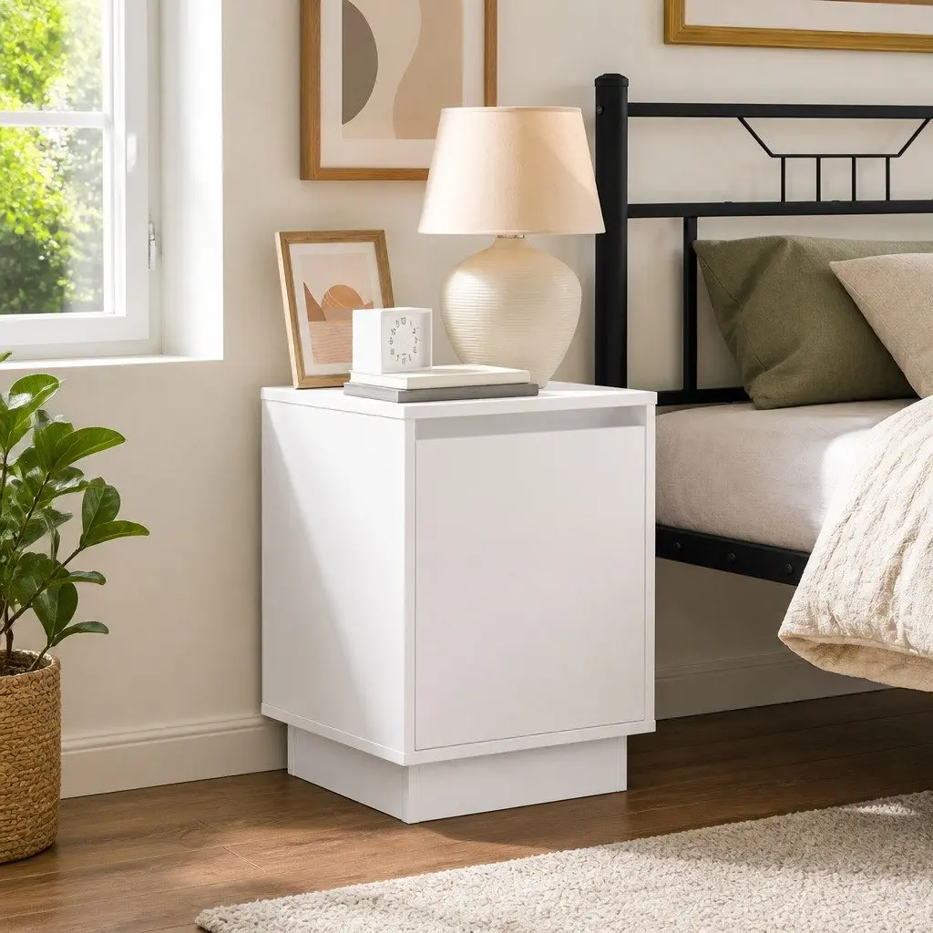 White Engineered Wood Bedside Cabinet with LED