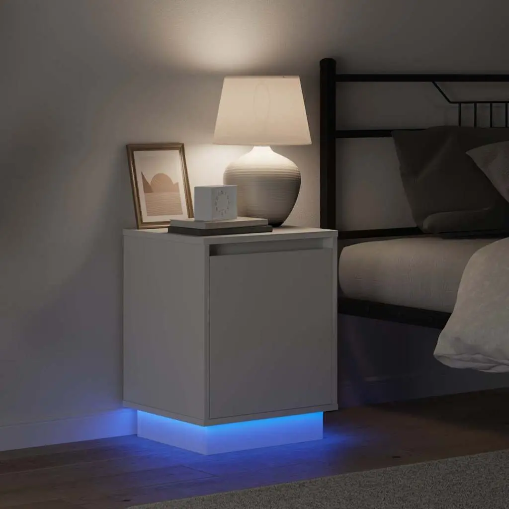 White Engineered Wood Bedside Cabinet with LED
