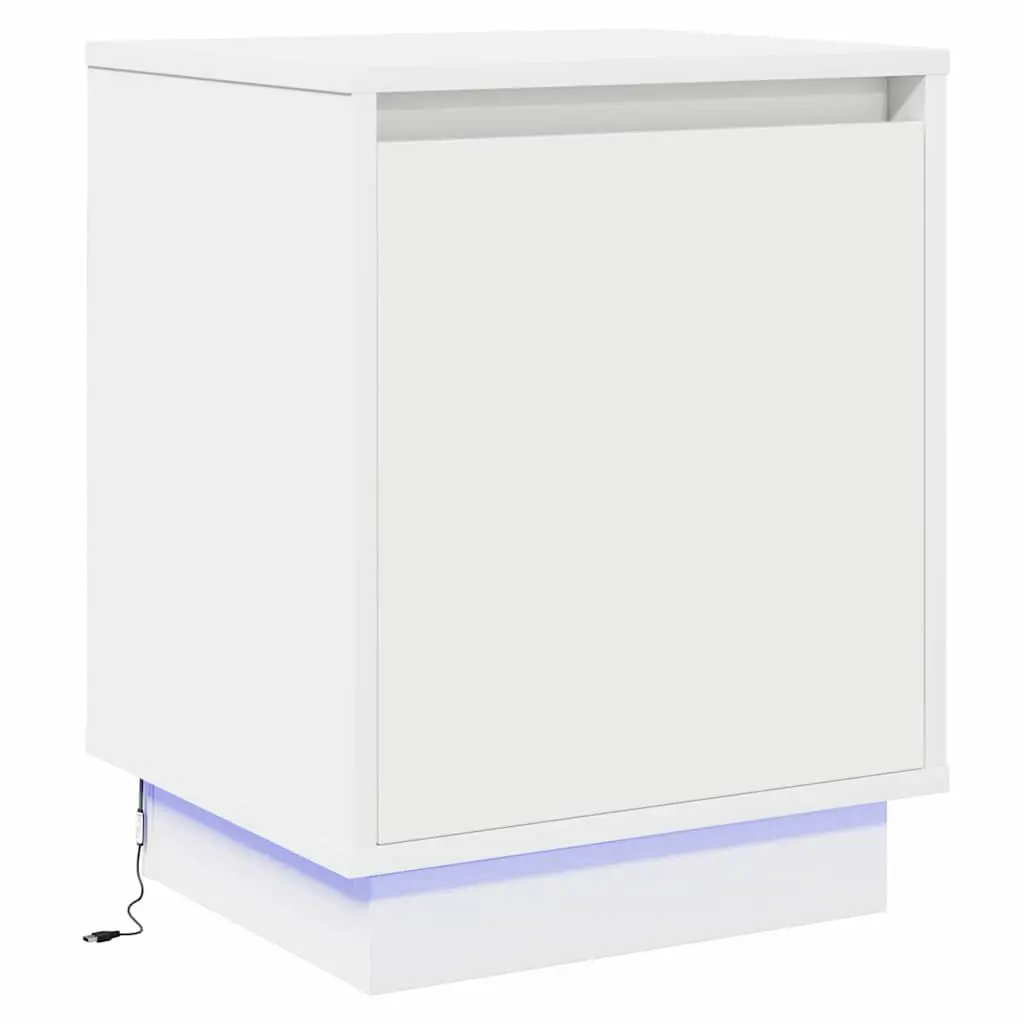 White Engineered Wood Bedside Cabinet with LED