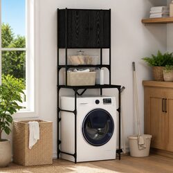 Washing Machine Cabinet Storage Unit Laundry Organizer Black Oak 68x48.5x194cm