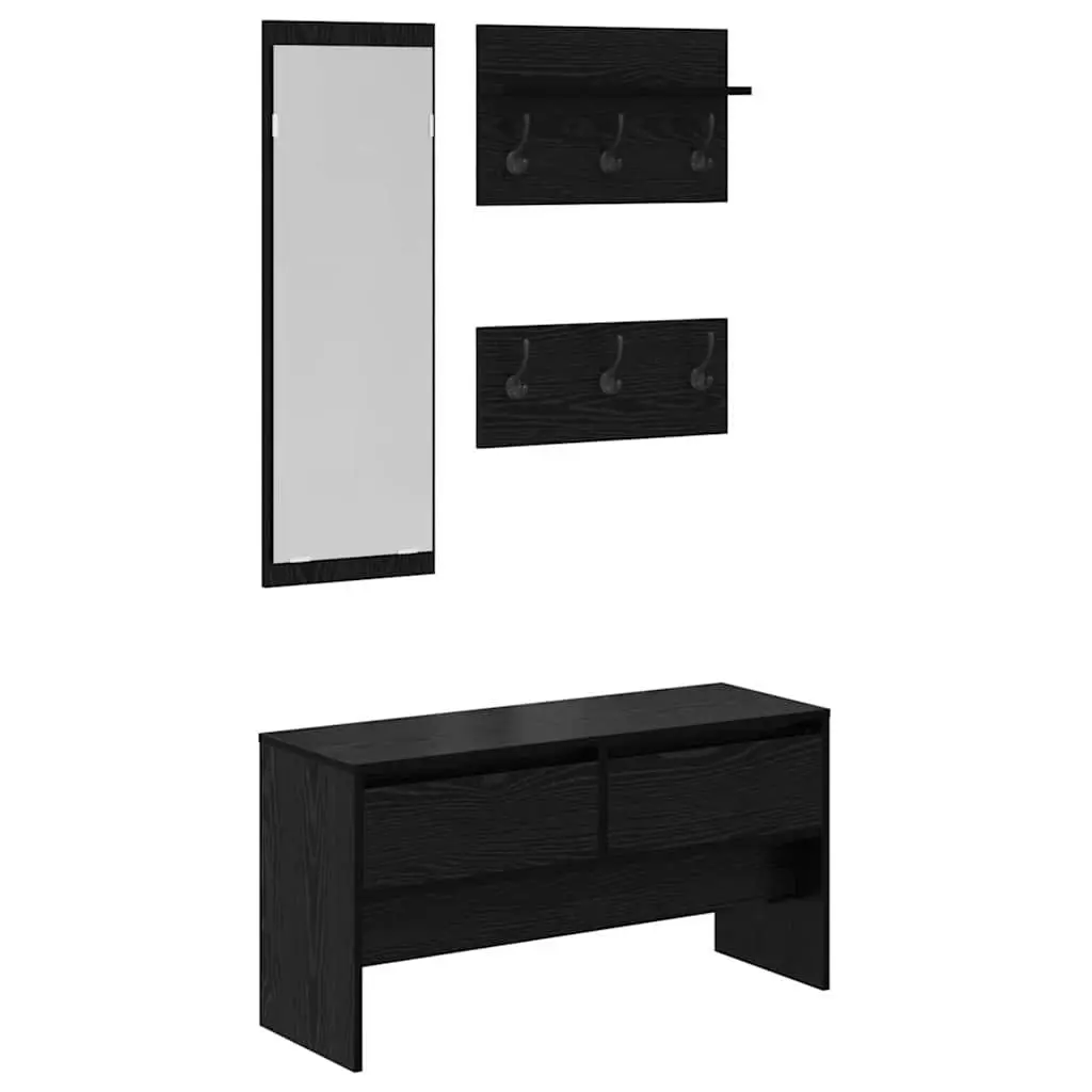 Hallway Furniture Set Engineered Wood 4 Piece Storage Bench Mirror Coat Racks Black