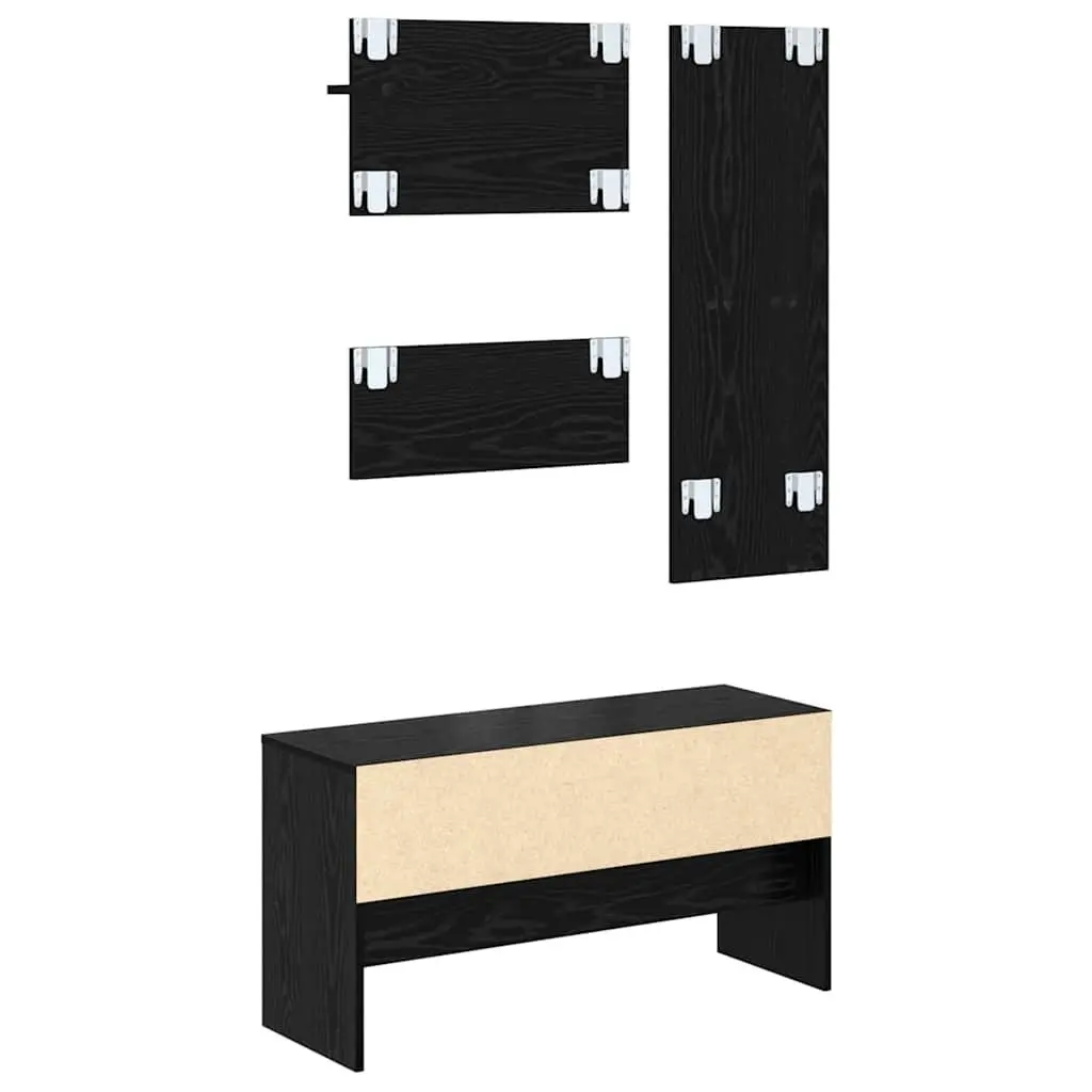 Hallway Furniture Set Engineered Wood 4 Piece Storage Bench Mirror Coat Racks Black
