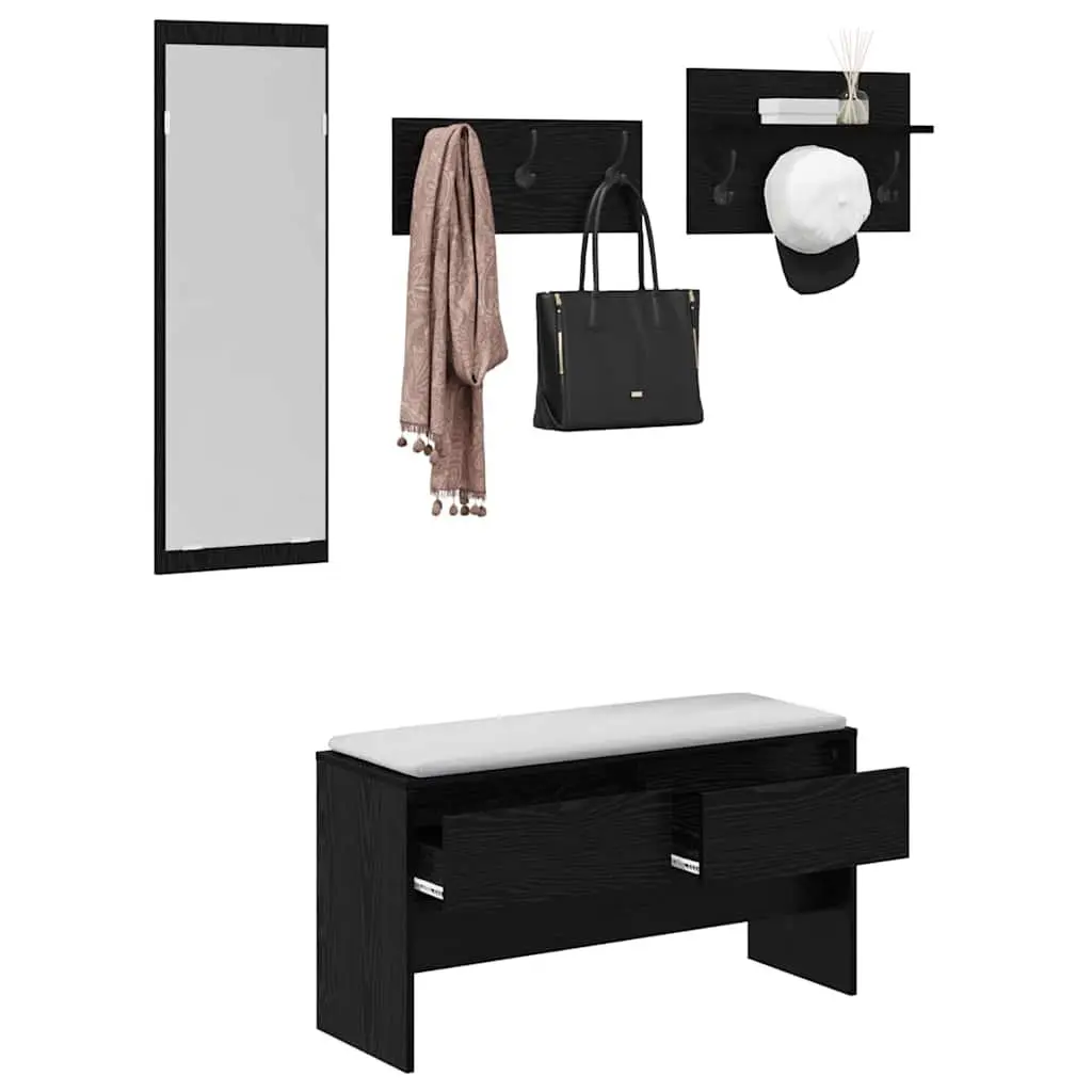 Hallway Furniture Set Engineered Wood 4 Piece Storage Bench Mirror Coat Racks Black