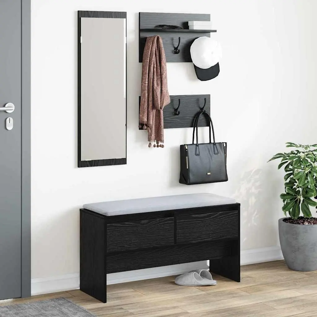 Hallway Furniture Set Engineered Wood 4 Piece Storage Bench Mirror Coat Racks Black