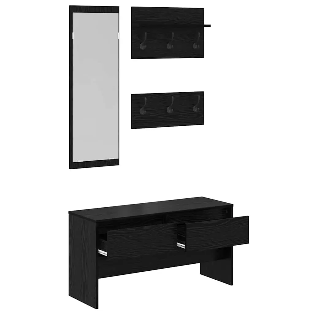 Hallway Furniture Set Engineered Wood 4 Piece Storage Bench Mirror Coat Racks Black