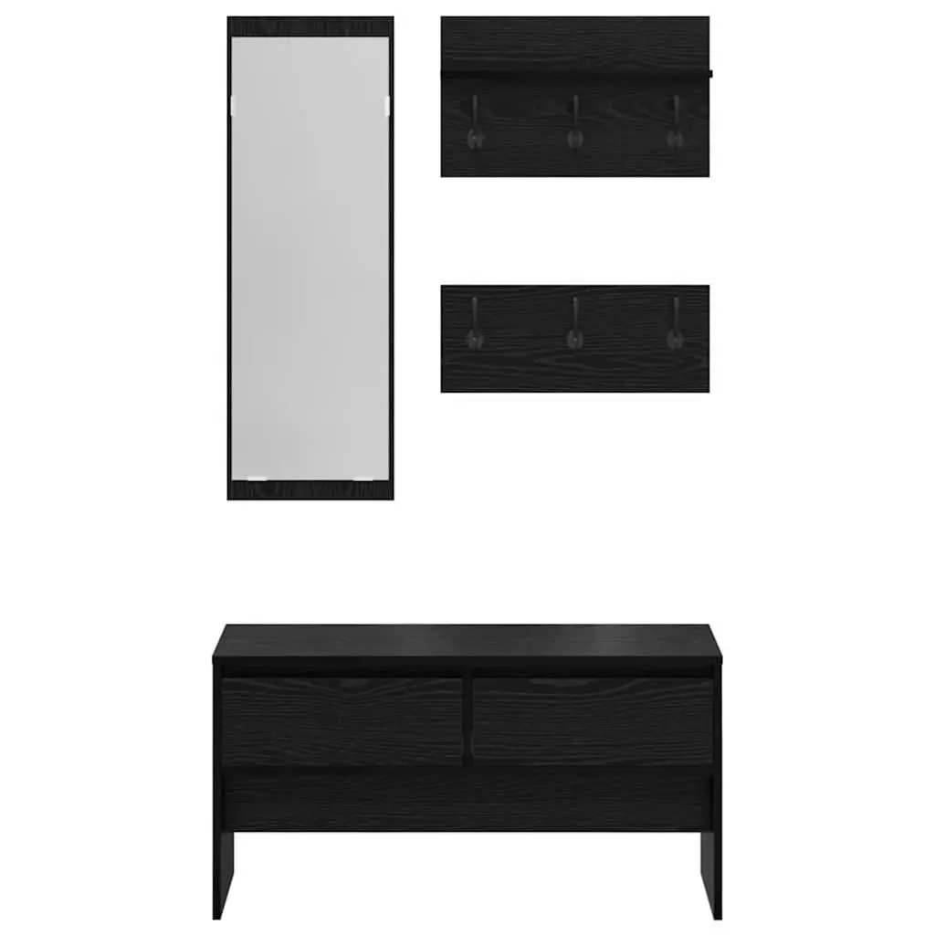 Hallway Furniture Set Engineered Wood 4 Piece Storage Bench Mirror Coat Racks Black