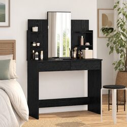 Stylish Black Dressing Table with Large Mirror and Drawers