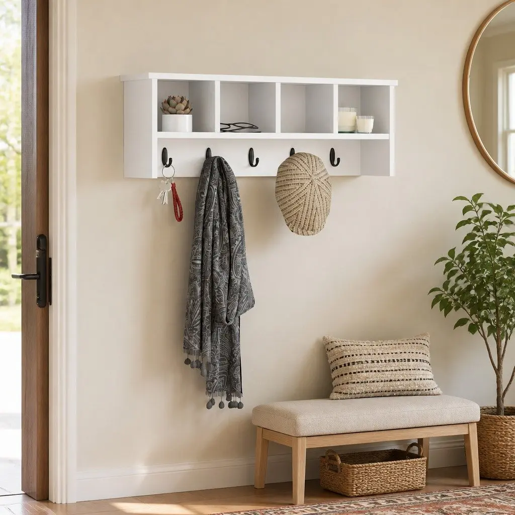 Wall-Mounted Coat Rack in White Engineered Wood