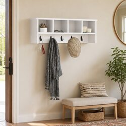 Wall-Mounted Coat Rack White Engineered Wood Hallway Entryway Shelf Hooks