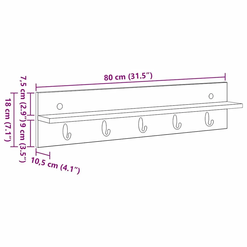 White Engineered Wood Wall-Mounted Coat Rack 80cm
