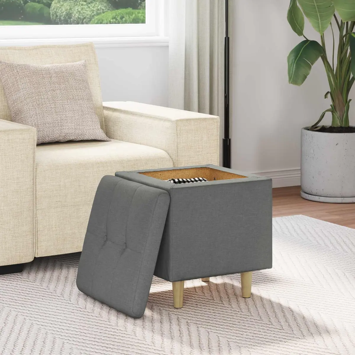 Grey Tufted Storage Ottoman with Cushion for Comfort