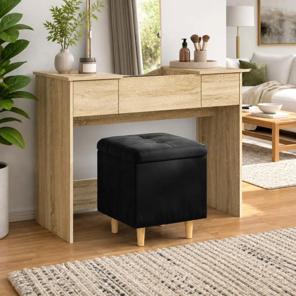 Black Tufted Storage Ottoman with Cushion and Hidden Compartment