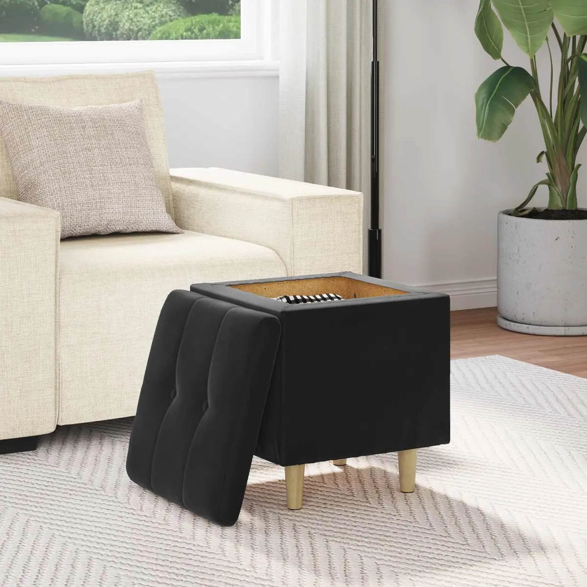Black Tufted Storage Ottoman with Cushion and Hidden Compartment