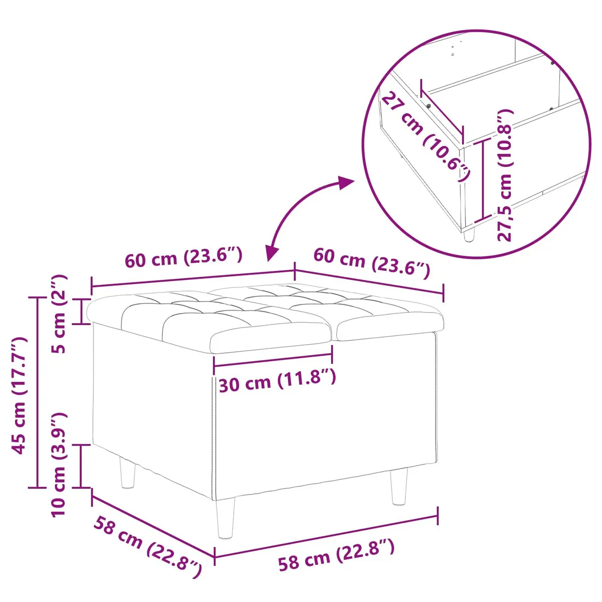 Storage Ottoman with Cushion Grey Tufted Design Hidden Compartment 60x60x45cm