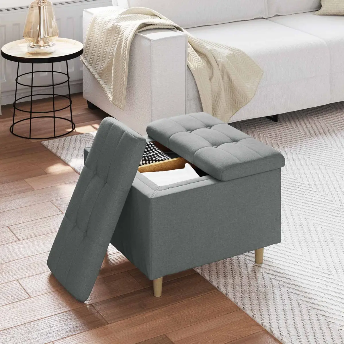 Storage Ottoman with Cushion Grey Tufted Design Hidden Compartment 60x60x45cm