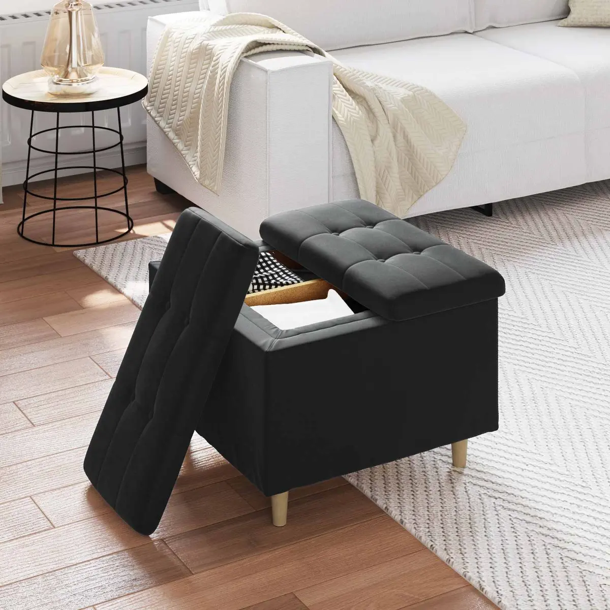 Storage Ottoman Velvet 60x60x45cm Black