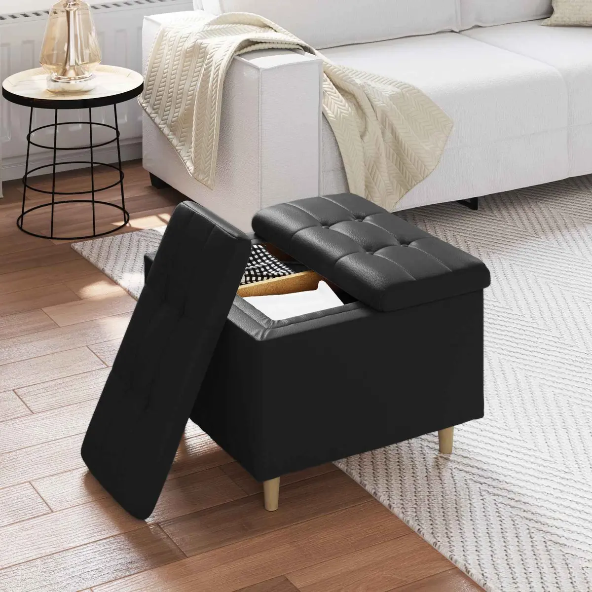 Black Tufted Storage Ottoman with Hidden Compartment