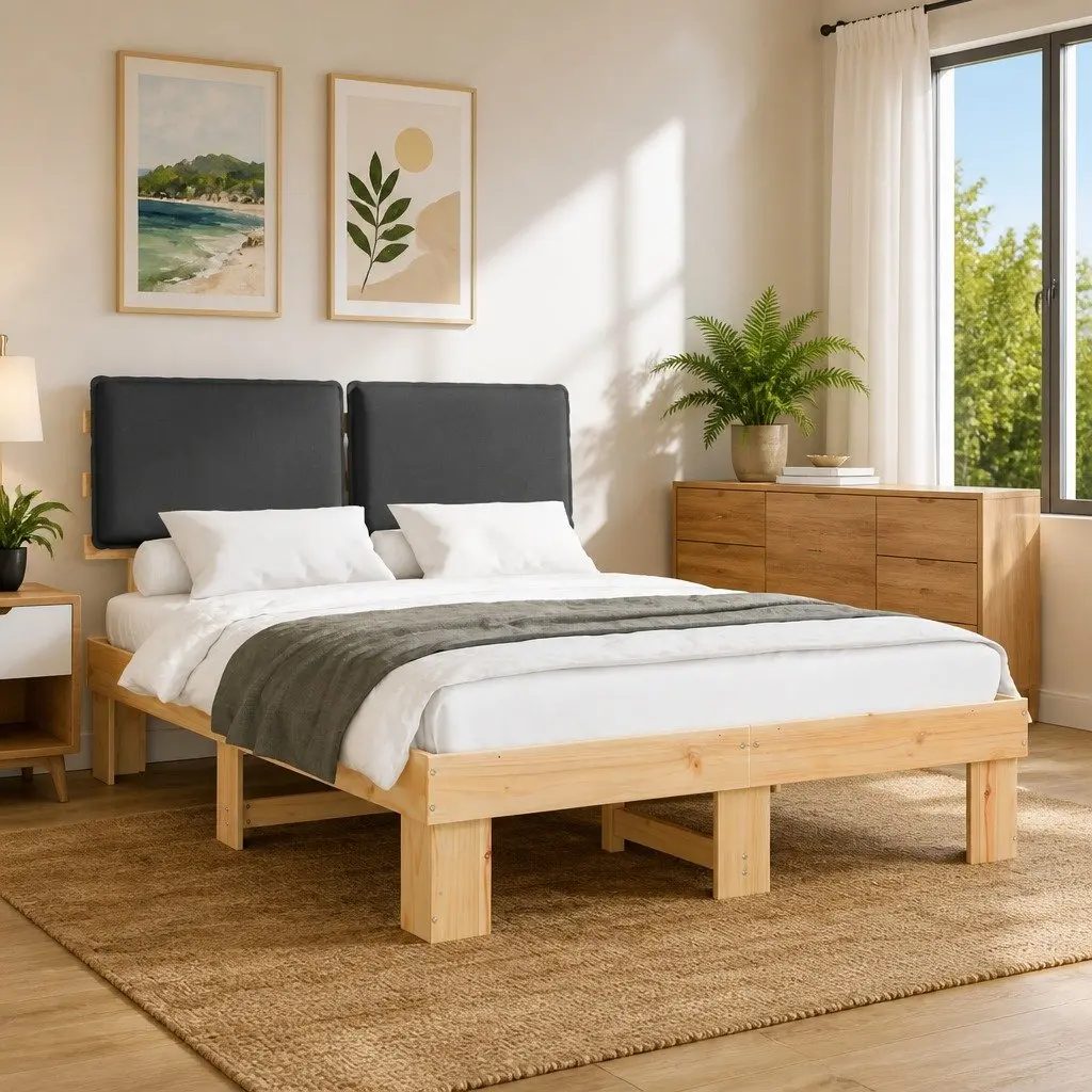 Bed Frame with Grey Upholstered Headboard