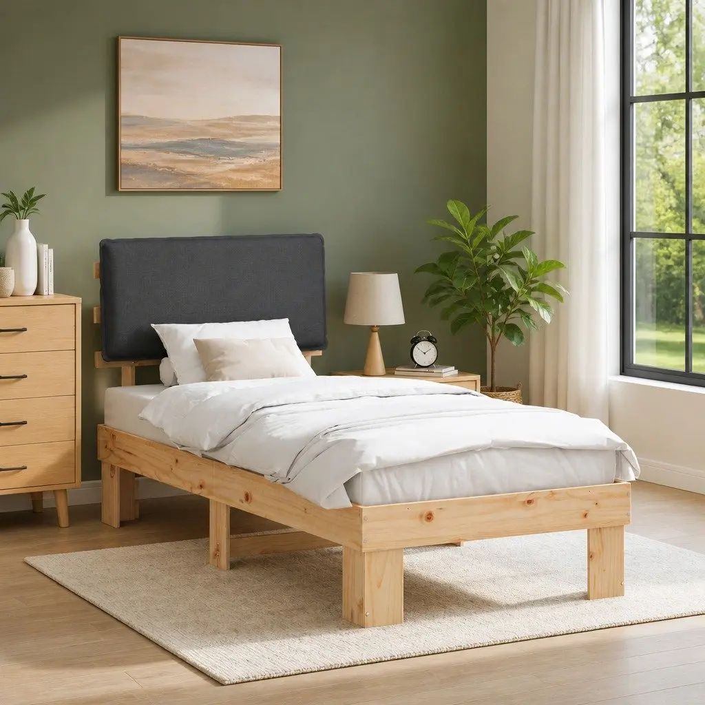 Grey Bed Frame with Upholstered Headboard 90 x 190 cm