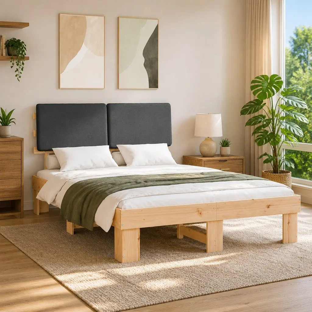 Grey Bed Frame with Upholstered Headboard 150 x 200 cm
