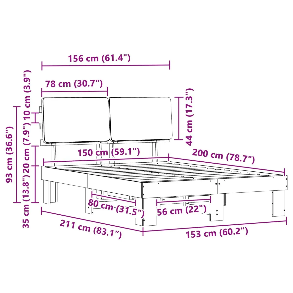 Grey Bed Frame with Upholstered Headboard 150 x 200 cm