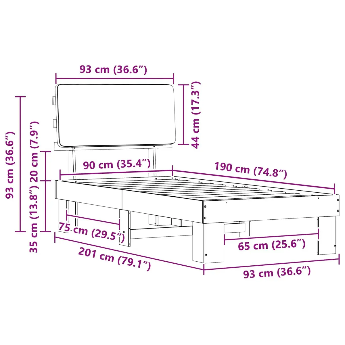 Grey Upholstered Bed Frame 90 x 190 cm