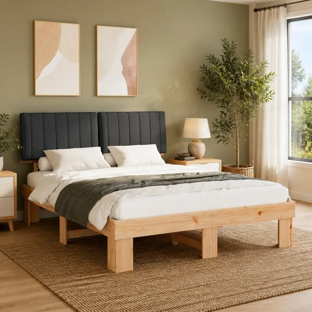 Wooden Bed Frame with Grey Upholstered Headboard
