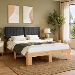 Modern Wooden Bed Frame with Grey Upholstered Headboard