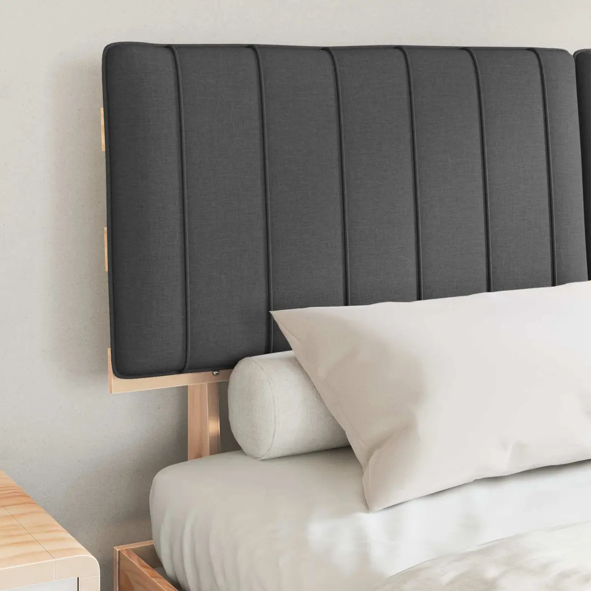 Wooden Bed Frame with Grey Upholstered Headboard