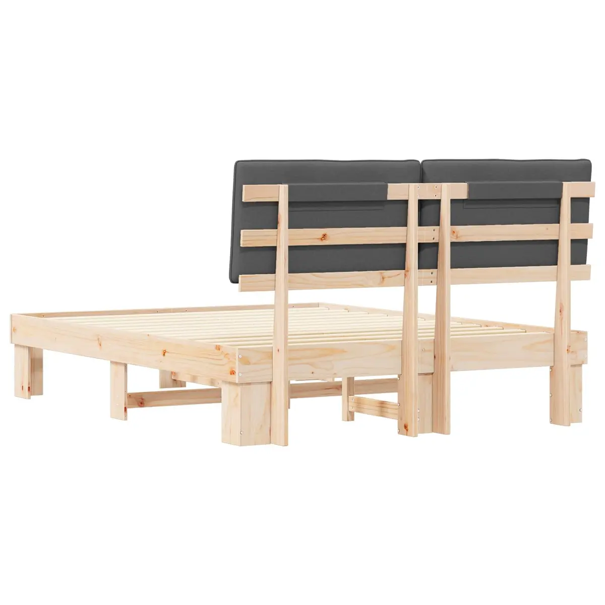 Wooden Bed Frame with Grey Upholstered Headboard