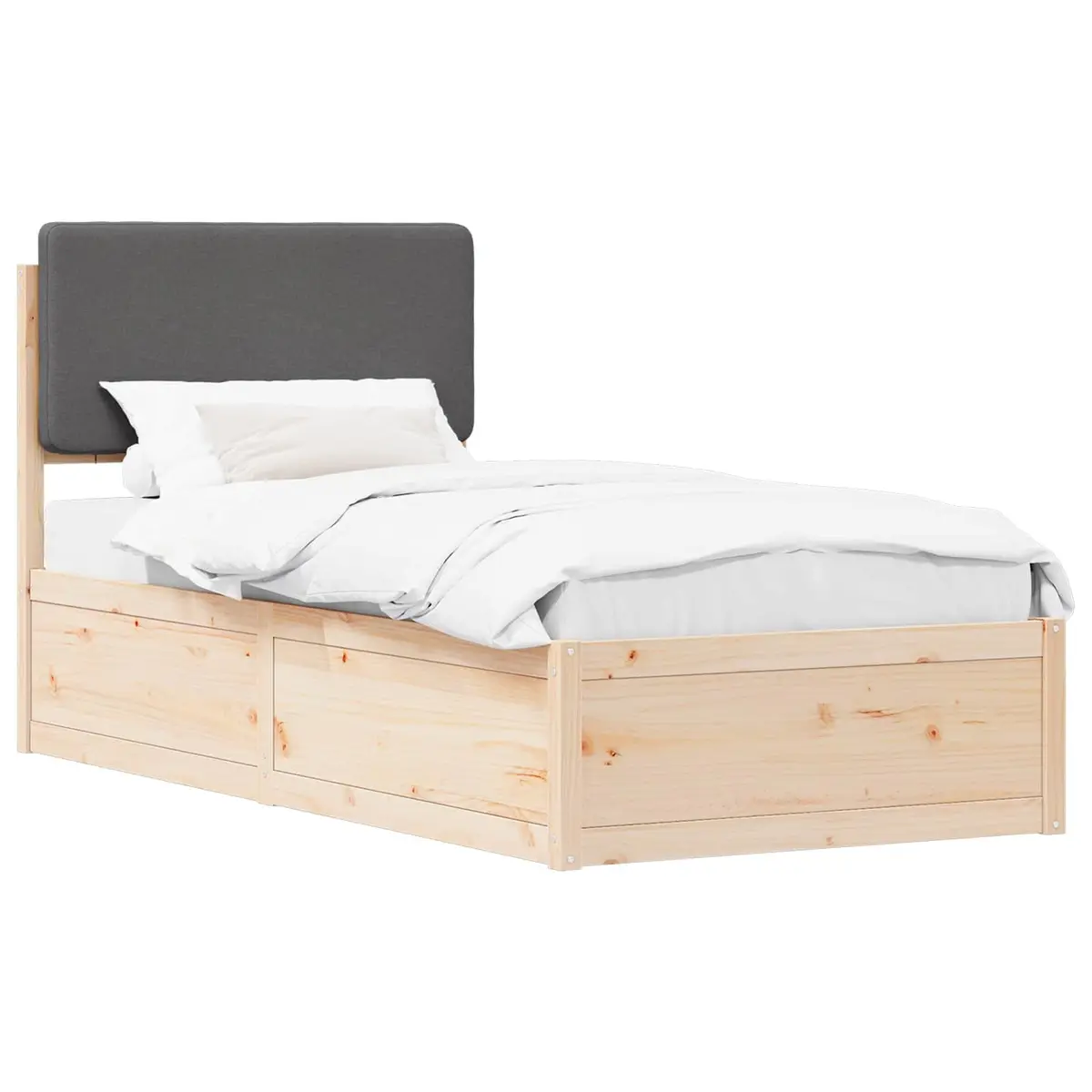 Bed Frame Solid Pine Wood 90 x 190 cm Grey Upholstered Headboard