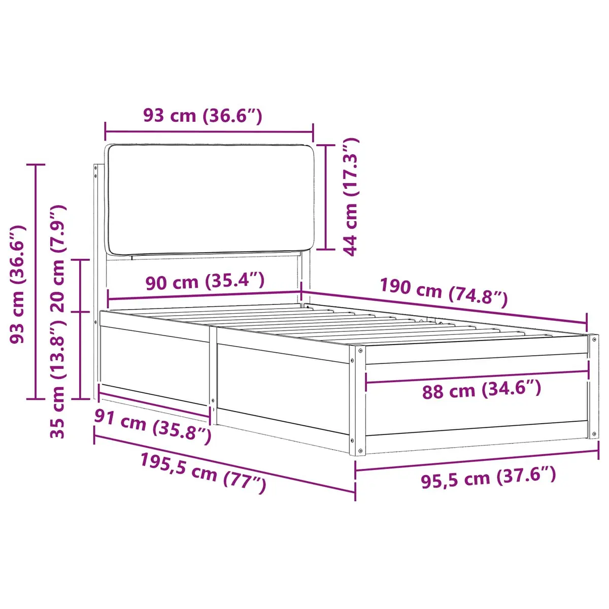 Bed Frame Solid Pine Wood 90 x 190 cm Grey Upholstered Headboard