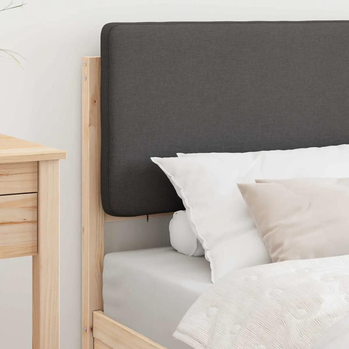 Bed Frame Solid Pine Wood 90 x 190 cm Grey Upholstered Headboard
