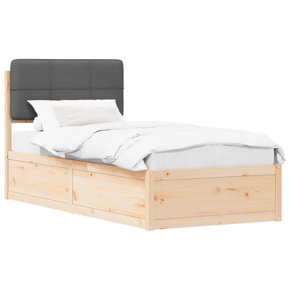 Bed Frame Solid Pine Wood Upholstered Headboard Grey 90 x 190 cm Slatted Platform