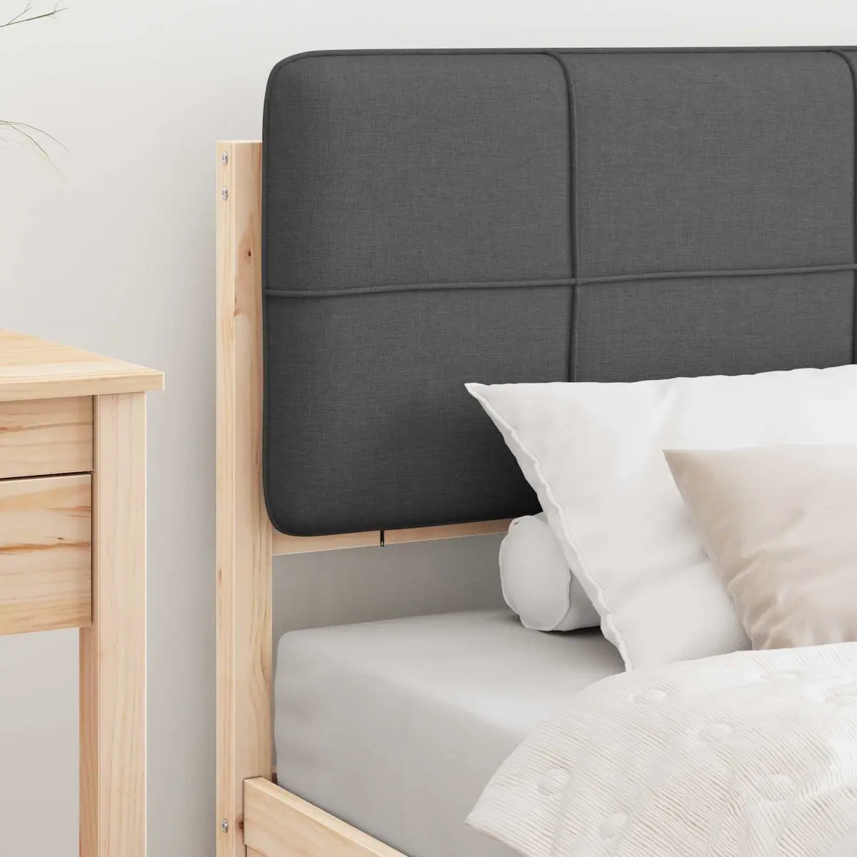 Bed Frame Solid Pine Wood Upholstered Headboard Grey 90 x 190 cm Slatted Platform