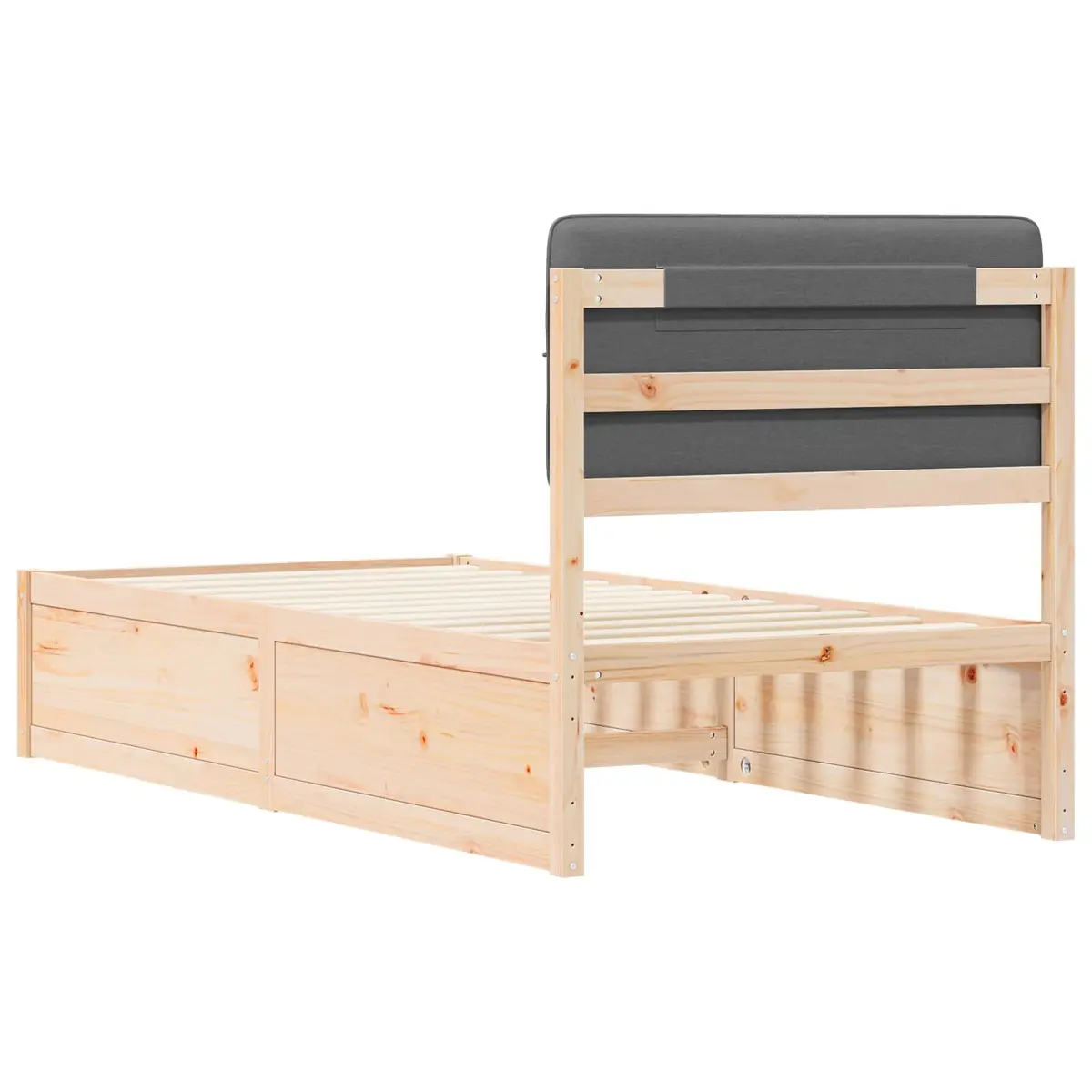 Bed Frame Solid Pine Wood Upholstered Headboard Grey 90 x 190 cm Slatted Platform
