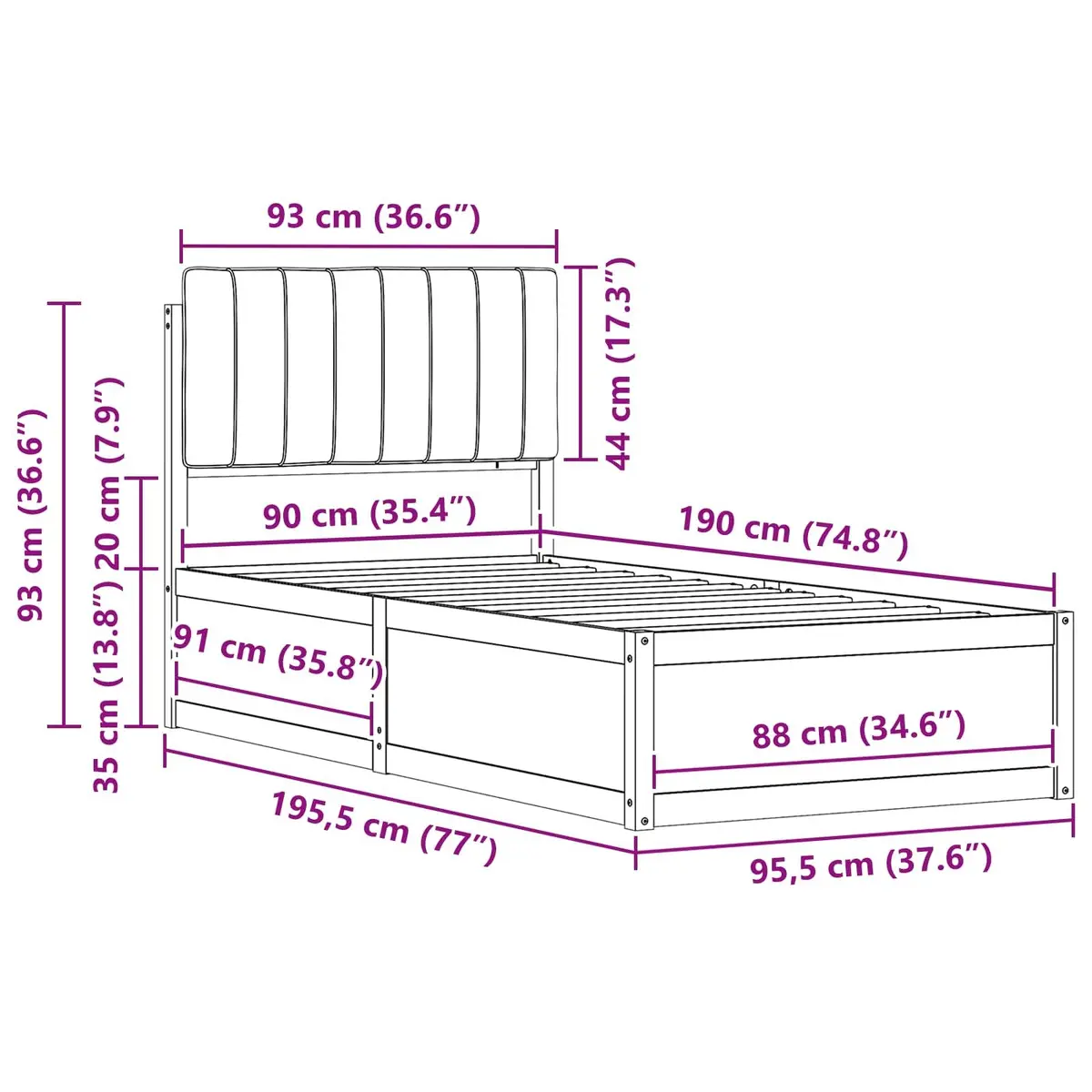 Grey Upholstered Bed Frame 90 x 190 cm
