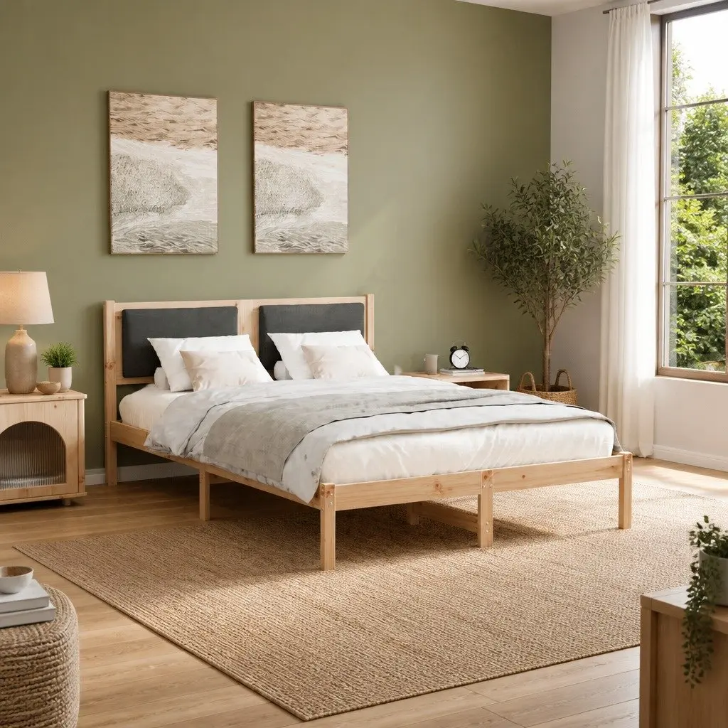 Solid Pine Bed Frame with Grey Headboard 150 x 200 cm