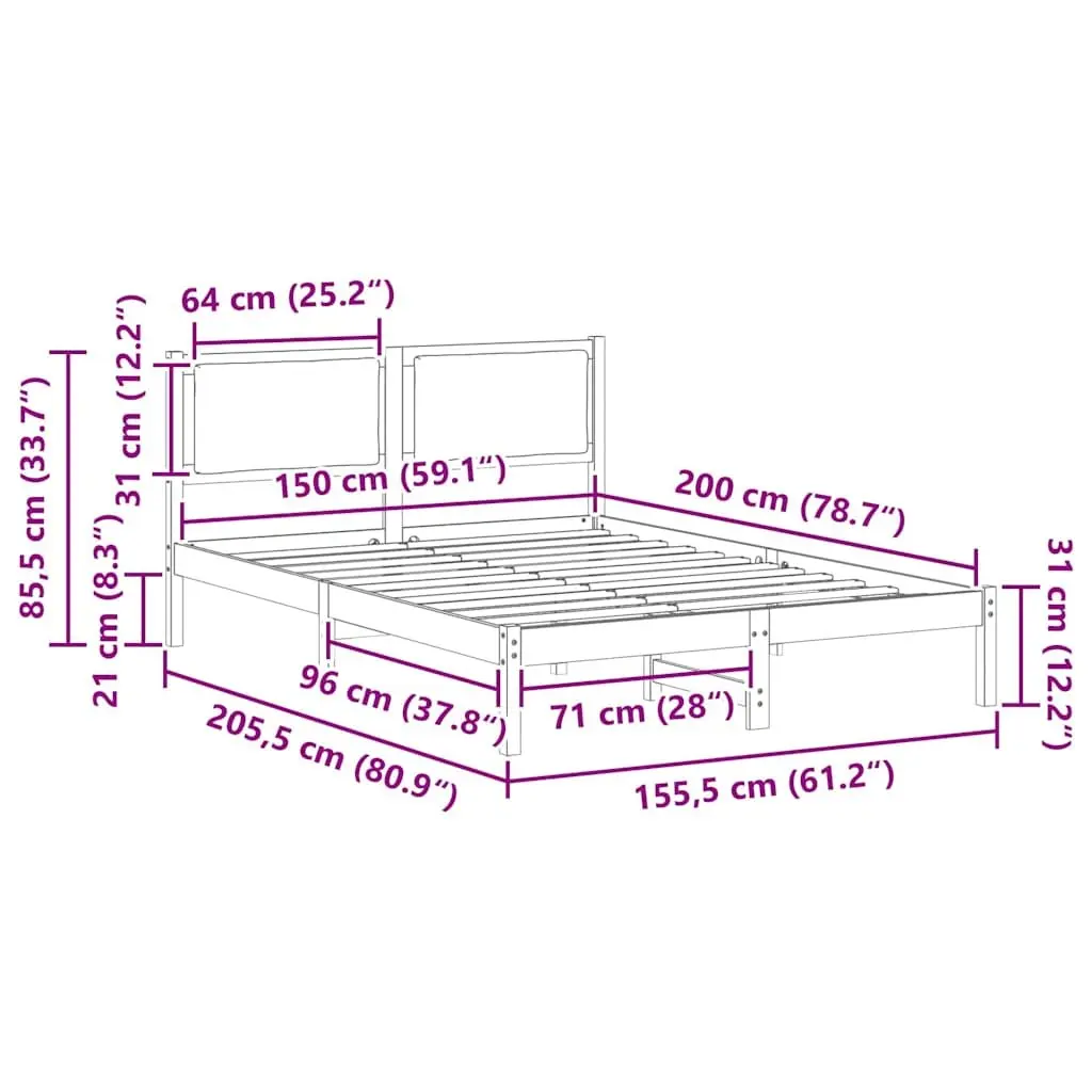 Solid Pine Bed Frame with Grey Headboard 150 x 200 cm