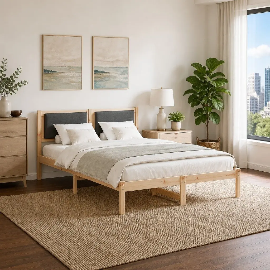 Solid Pine Wood Bed Frame with Headboard Grey 135 x 190 cm
