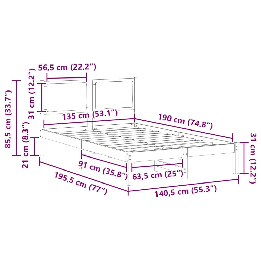 Solid Pine Wood Bed Frame with Headboard Grey 135 x 190 cm