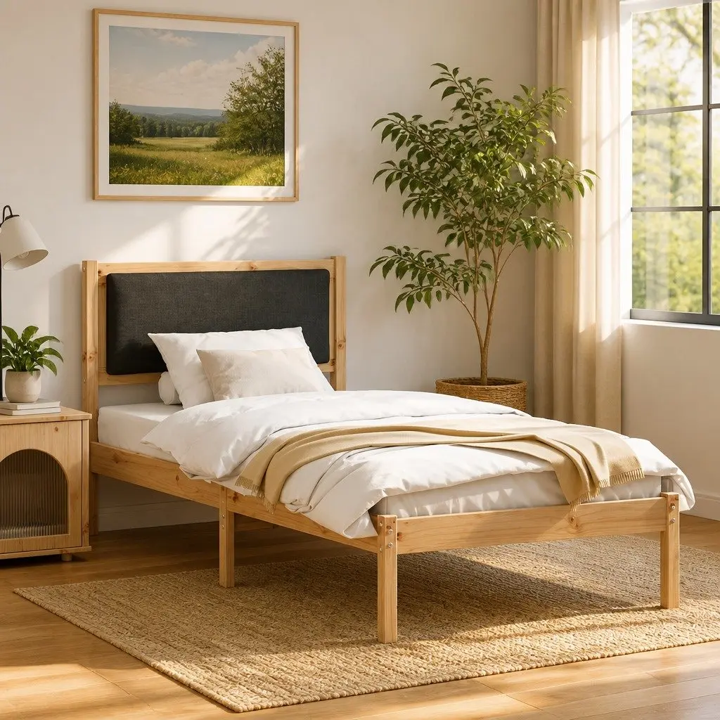 Solid Pine Bed Frame with Grey Headboard 90 x 190 cm