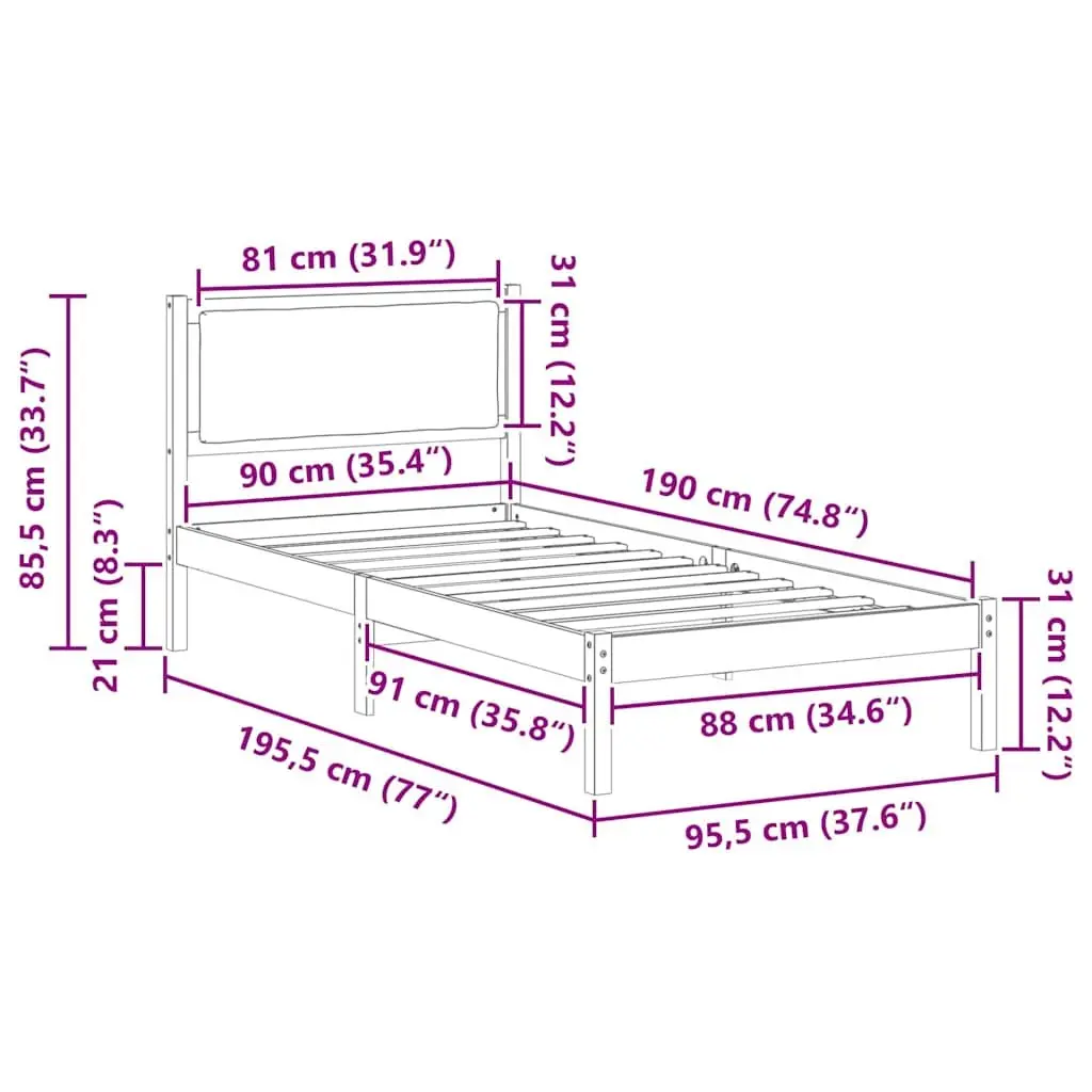 Solid Pine Bed Frame with Grey Headboard 90 x 190 cm
