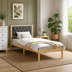 Bed Frame with Headboard Modern Minimalist 90 x 190 cm Solid Pine Wood Bedroom