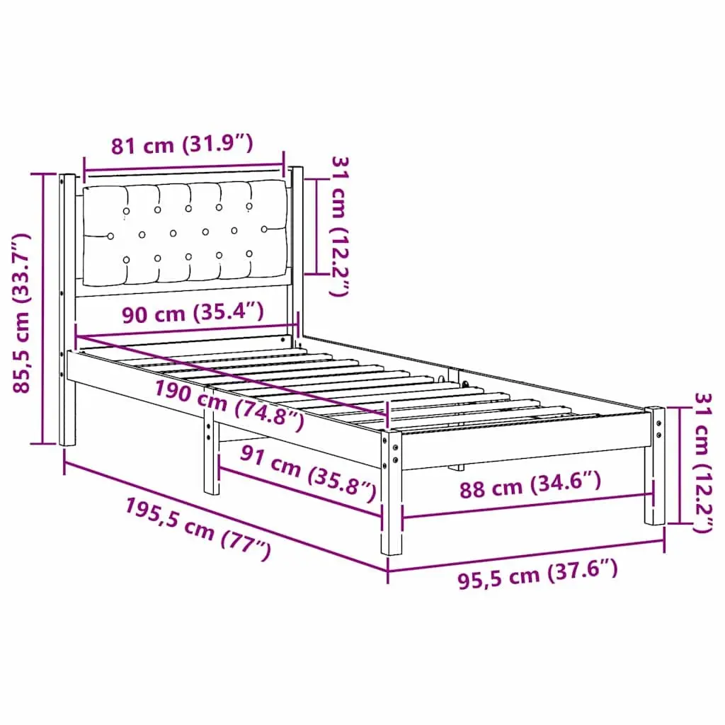 Bed Frame Solid Pine Wood 90 x 190 cm Brown Minimalist