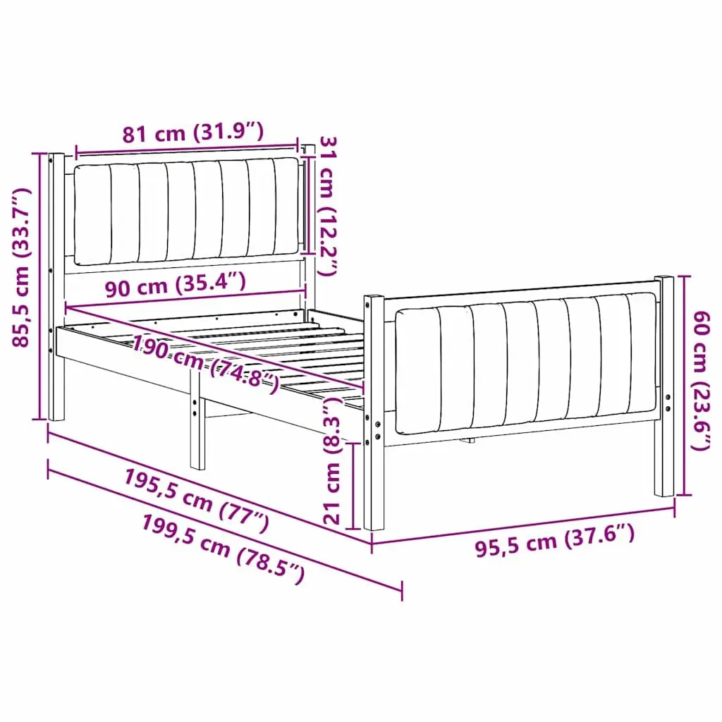 Solid Pine Wood Bed Frame 90 x 190 cm with Headboard