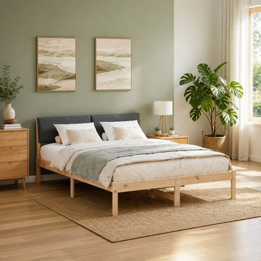 Brown Solid Pine Wood Bed Frame 135 x 190 cm with Headboard